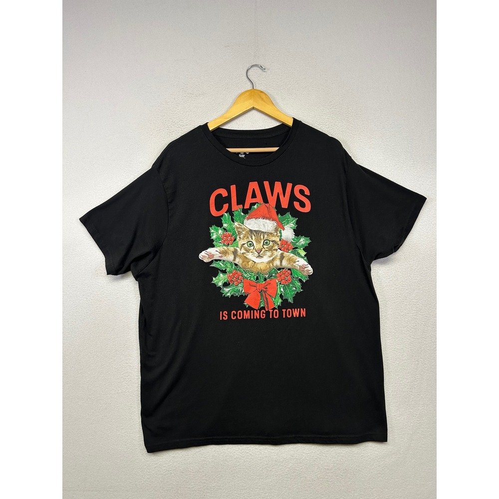 Christmas Cat Parody Holiday Time Mens 2XL Black Claws Graphic T-Shirt